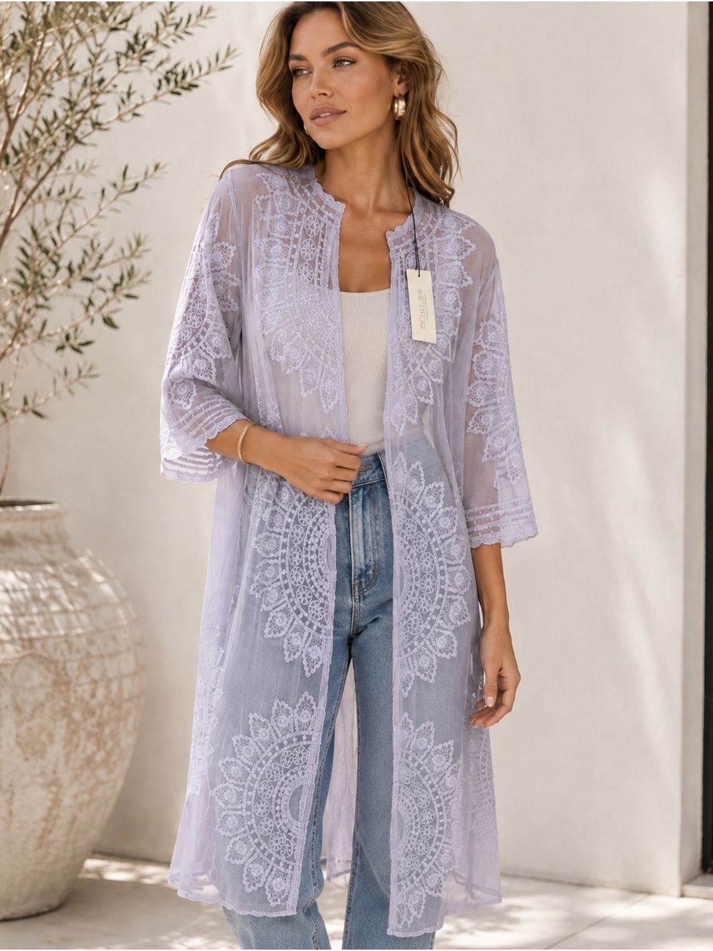Rachel Zoe Lavender Sheer Embroidered Lace Kimono Duster NWT One Size